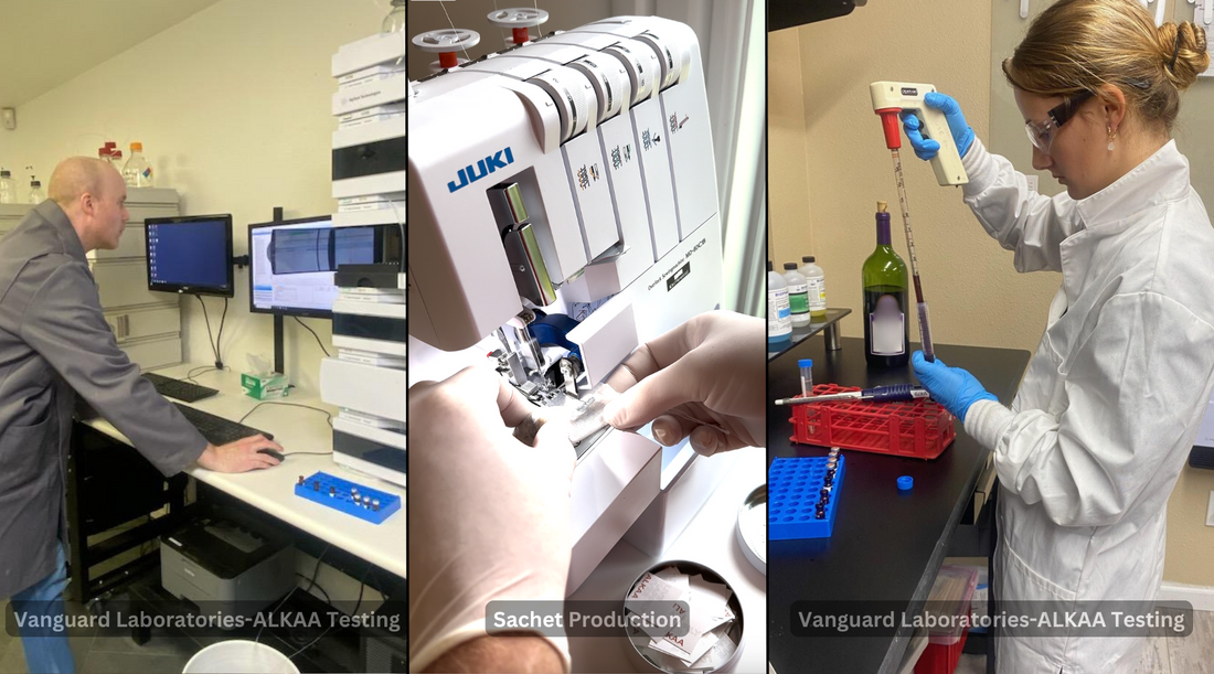 Vanguard Laboratories - ALKAA efficacy testing, Left and Right. Paul sewing ALKAA sachets in center.