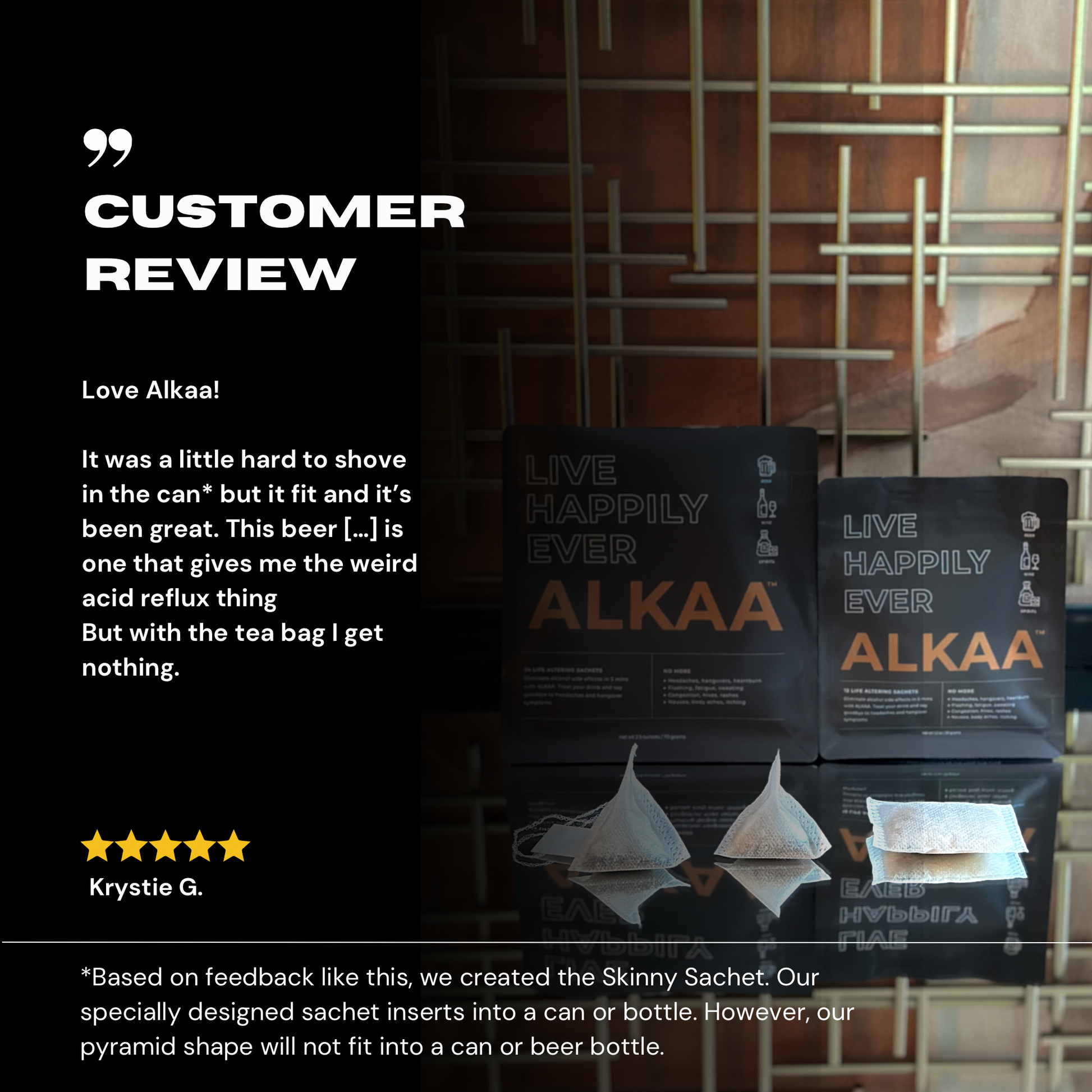 ALKAA sachet hangover prevention bags front and rear. Testimonial. Hangover cure, alcohol intolerance prevention