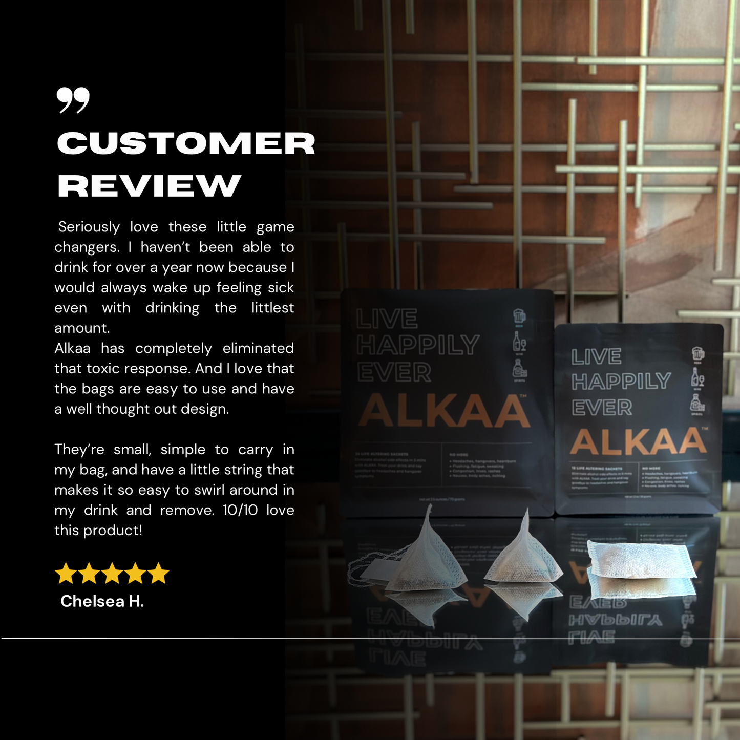 ALKAA sachet hangover prevention bags front and rear.  Testimonial.  Hangover cure, alcohol intolerance prevention